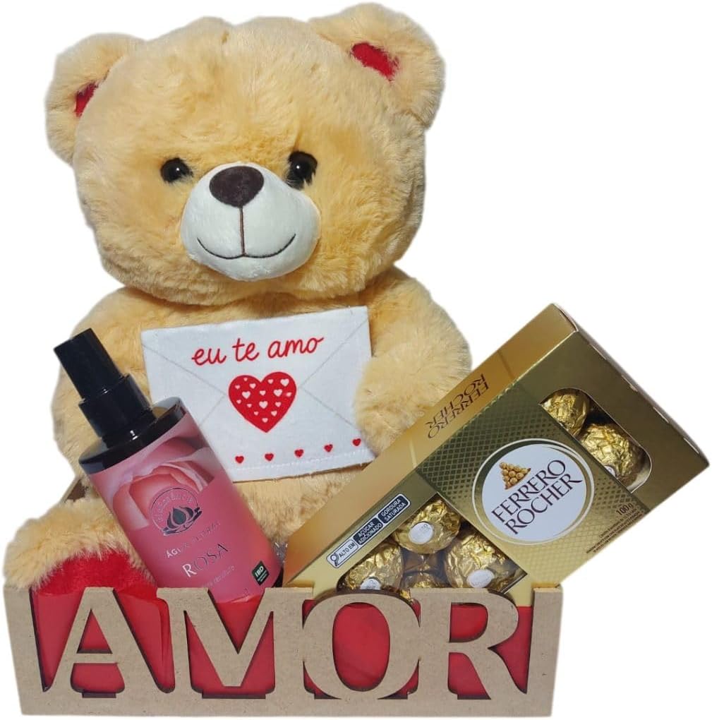 Cesta Romântica com Urso de Pelúcia de 30cm, Chocolates e Água Floral