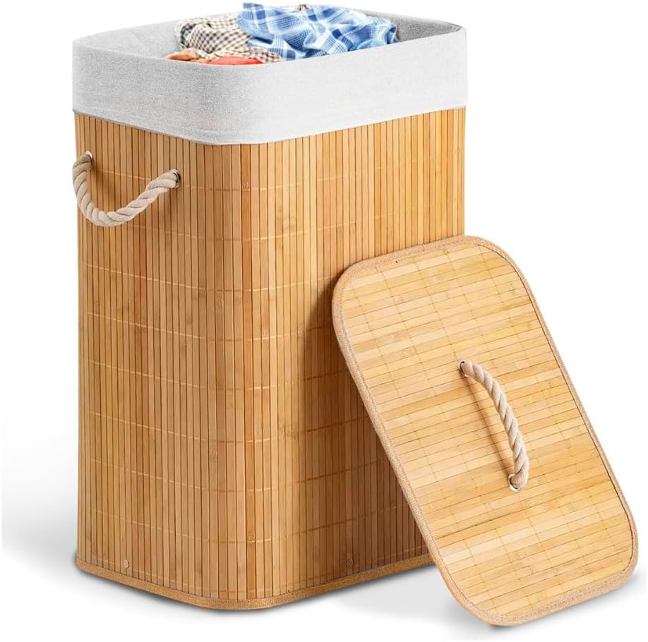 Cesto de Bambu Natural para Roupa Suja 60L com Forro Removível