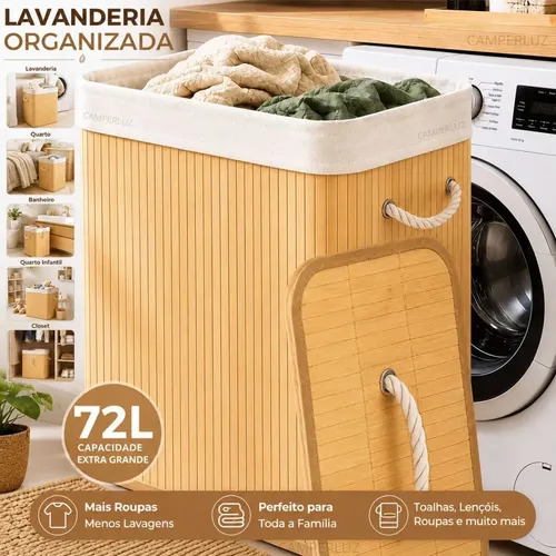Cesto Organizador Camperluz Bambu 72L Cesto de roupa dobrável em bambu retangular com tampa e forro de tecido interno branco