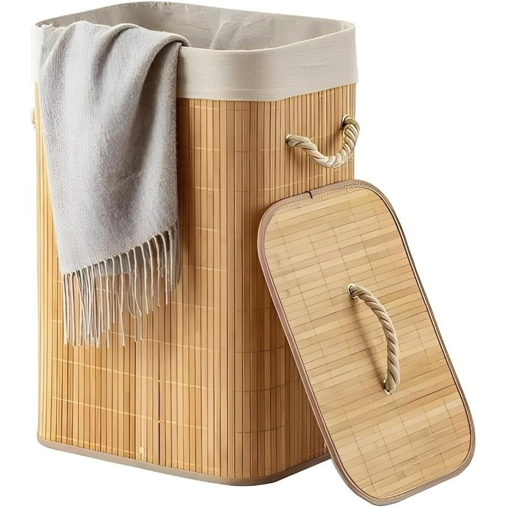Cesto de Roupa em Bambu Retangular com Tampa e Tecido Interno
