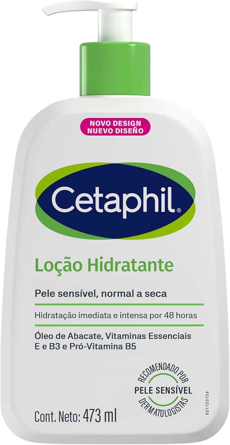 Cetaphil Loção Hidratante para Pele Sensível e Seca Frasco de Cetaphil Loção Hidratante em fundo neutro evidenciando embalagem branca e detalhes verdes e azuis