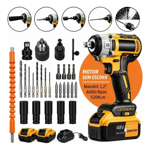 Chave de Impacto Profissional 48V com 2 Baterias e Torque de 520Nm