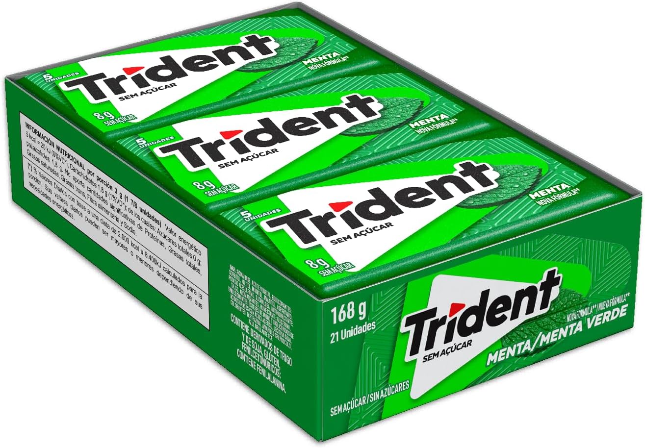 Chiclete Trident Menta Sem Açúcar - Caixa 21 Unidades 8g