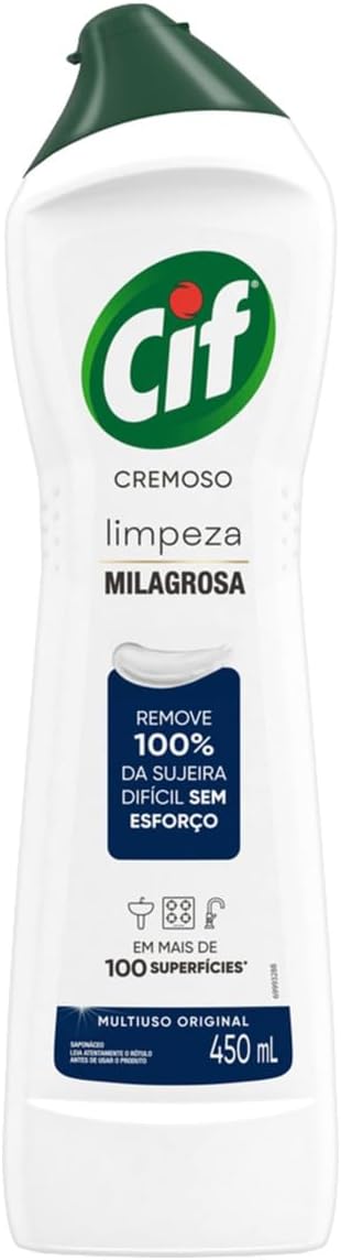 Limpador Cif Cremoso 450ml - Eficiência e Praticidade para Casa Frasco de Cif Cremoso Limpeza Milagrosa 450ml em uma superfície de cozinha limpa e brilhante