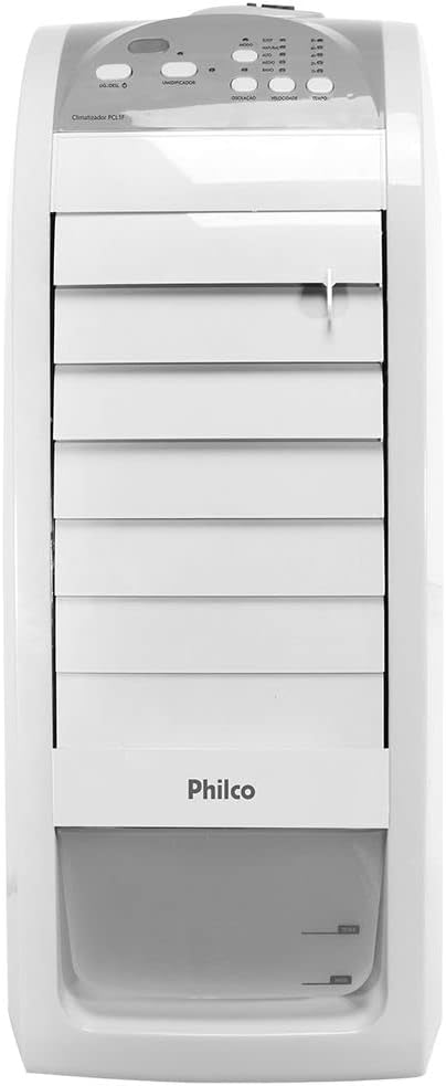 Climatizador Philco PCL1F 70W - Design e Funcionalidade Climatizador de Ar Philco PCL1F branco, compacto com botões de controle superiores e saída de ar frontal