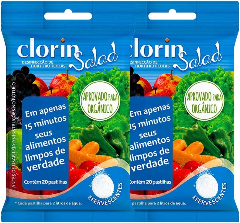 Embalagem Clorin Salad 40 Pastilhas Higienizadoras Frasco de Clorin Salad com 40 pastilhas higienizadoras para limpeza de alimentos frescos e vegetais