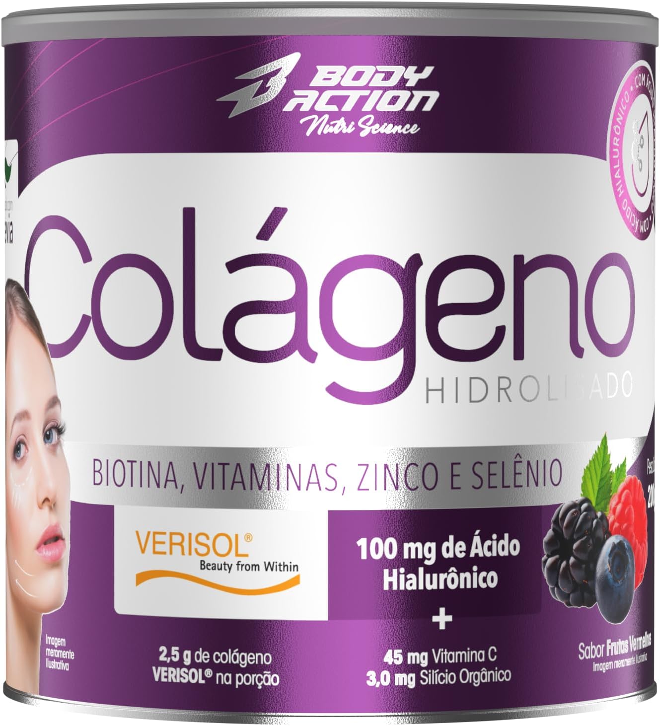 Colágeno Verisol com Ácido Hialurônico Bodyaction 200g Frutas Vermelhas