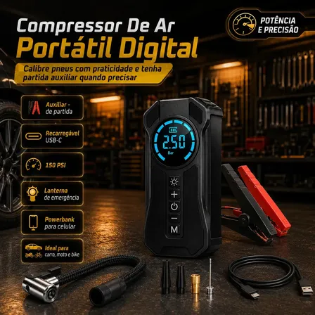 Compressor de Ar Portátil 3 em 1 com Auxiliar de Partida e Power Bank