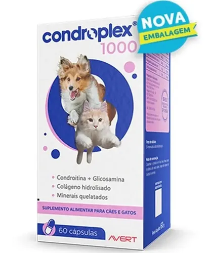 Condroplex 1000mg Avert 60 Cápsulas Embalagem do Condroplex 1000mg da Avert com 60 cápsulas para suplementação de cães e gatos