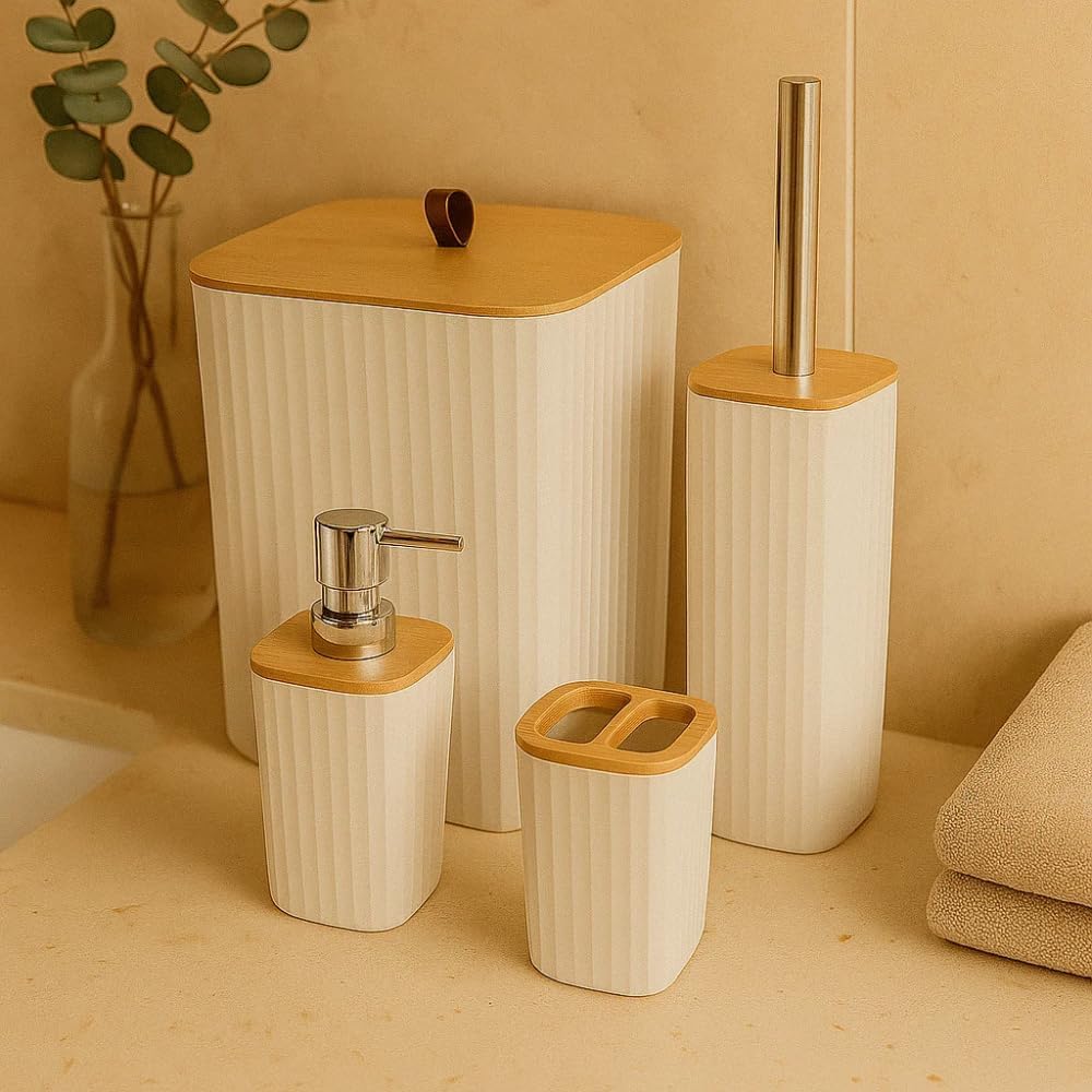 Conjunto de Banheiro Moderno 4 Peças com Tampa de Bambu