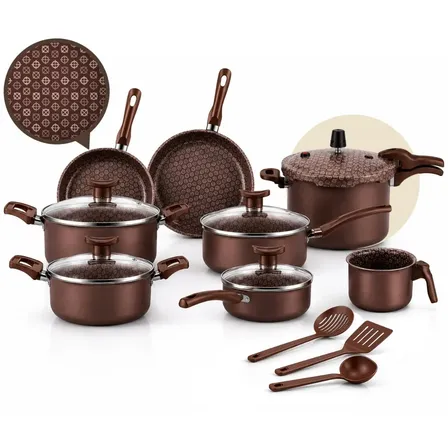 Conjunto de Panelas 11 Peças Antiaderente com Panela de Pressão Marrom