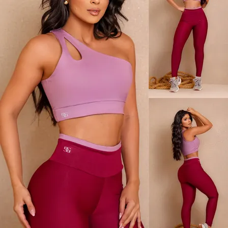 Conjunto Fitness Top Nula Manga e Calça Bicolor Marsala