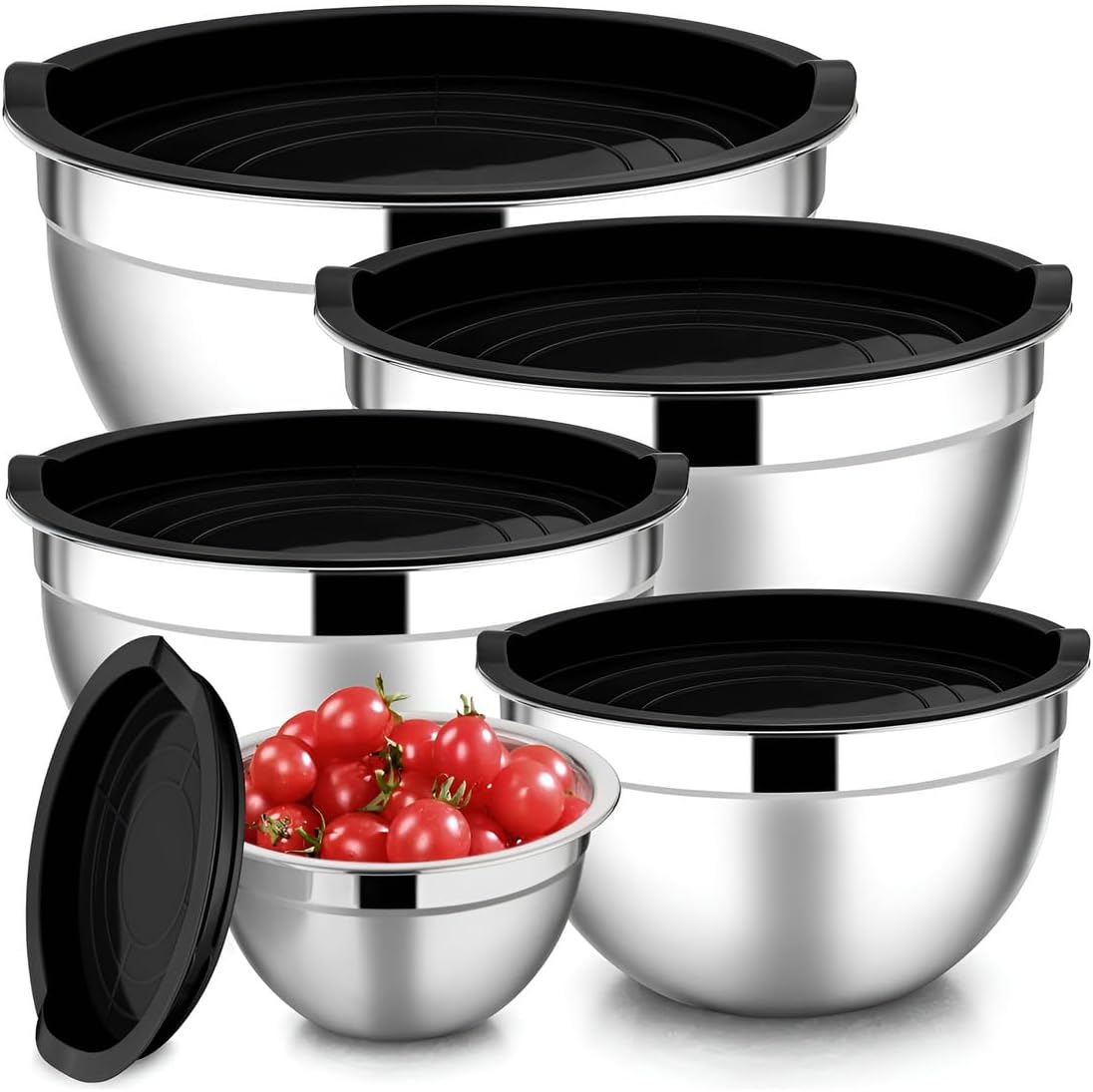 Conjunto ForceInox com 5 Bowls em Aço Inox e Tampas Plásticas