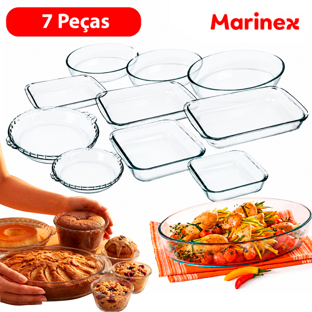 Jogo de Travessas Marinex 7 Peças Vidro Temperado