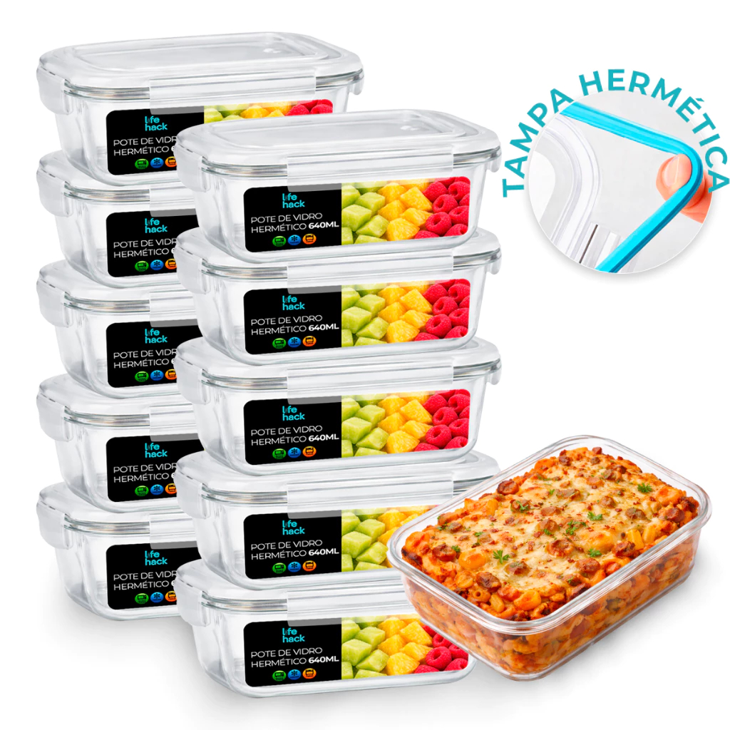 Conjunto de Potes de Vidro Hermético 640ml para Marmita e Mantimentos