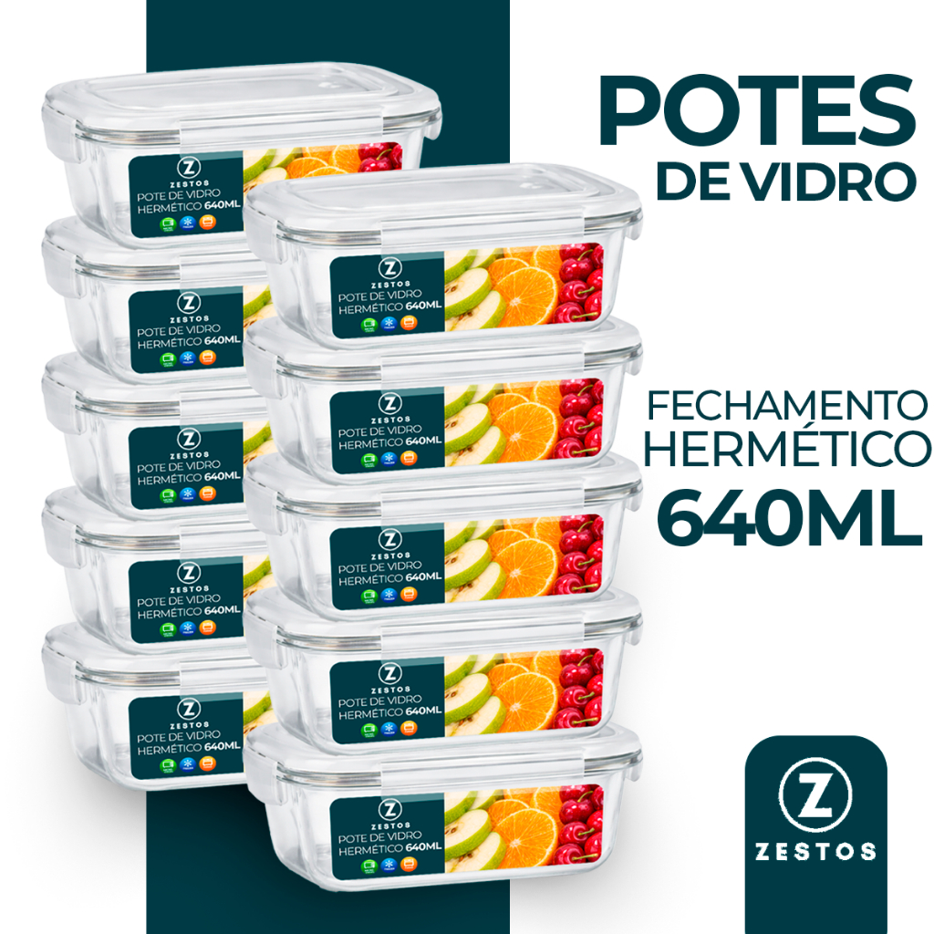 Conjunto de Potes de Vidro Hermético 640ml com 4 Travas Zestos
