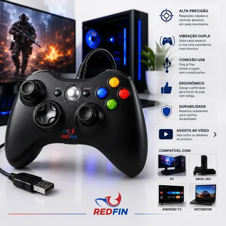 Controle com Fio USB compatível com Xbox 360 e PC