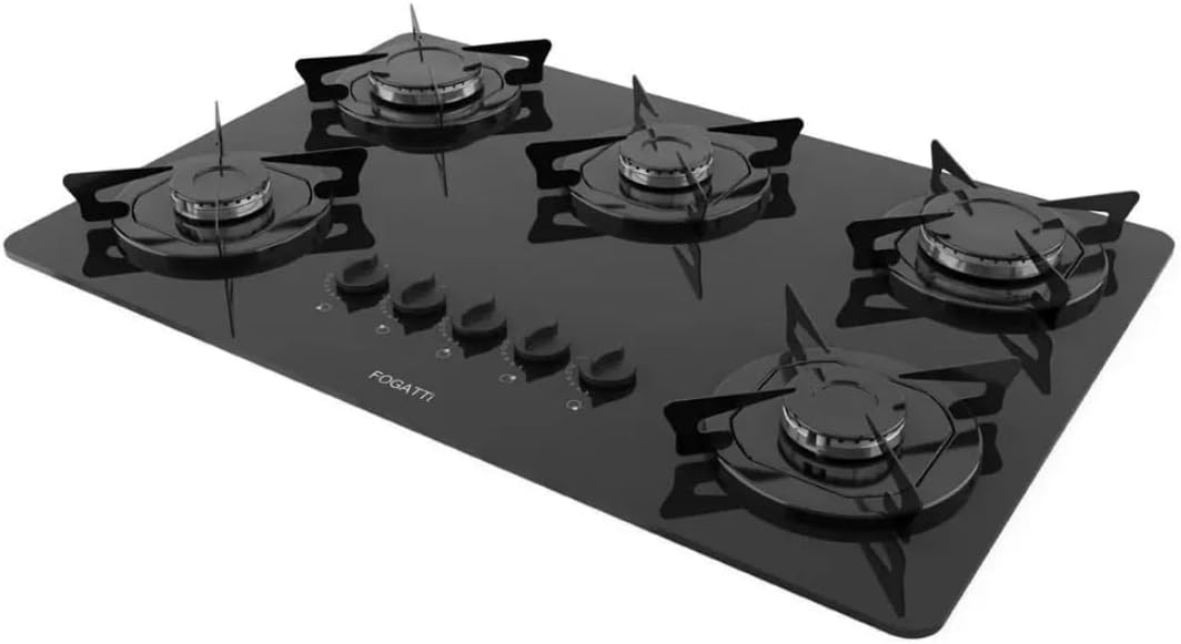 Cooktop Fogatti 5 Bocas Mesa de Vidro Preto com Flange Esmaltada