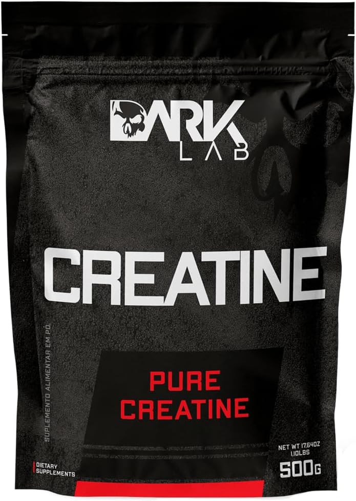 Creatina Monohidratada Pura 500g Dark Lab Pote preto de Creatina Monohidratada Pura Dark Lab 500g sobre fundo neutro para suplementação