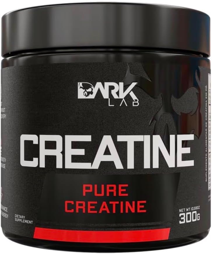 Creatina Pura Dark Lab 300g Monohidratada Pote preto de Creatina Pura Dark Lab 300g em fundo branco destacando rótulo com informações de pureza