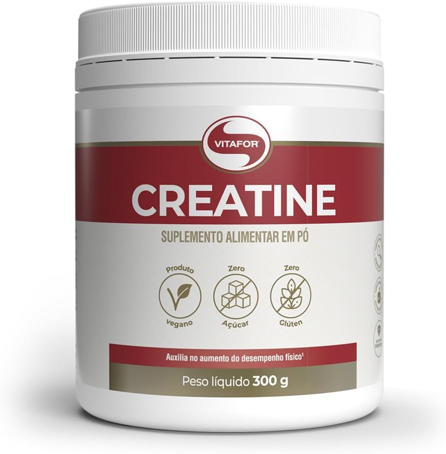 Suplemento de Creatina Vitafor Monohidratada 300g para Desempenho Físico Pote de suplemento Creatina Vitafor Monohidratada 300g com fundo branco destacando a embalagem azul e branca