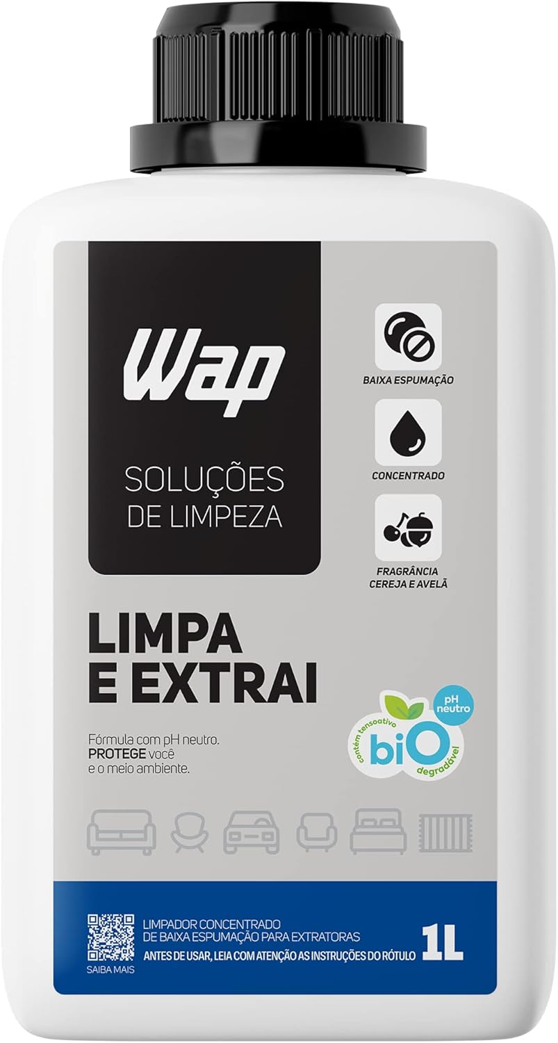 Detergente WAP Limpa e Extrai 1 Litro Concentrado Frasco de 1 litro de detergente concentrado para extratoras de cor rosa sobre uma superfície neutra de limpeza