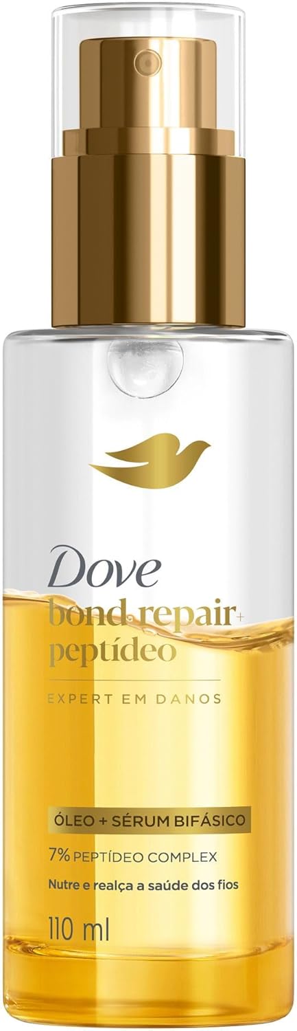 Dove Óleo + Sérum Bifásico Bond Intense Repair 110 ml Frasco de Dove Óleo + Sérum Bifásico Bond Intense Repair mostrando o líquido em duas camadas para tratamento capilar