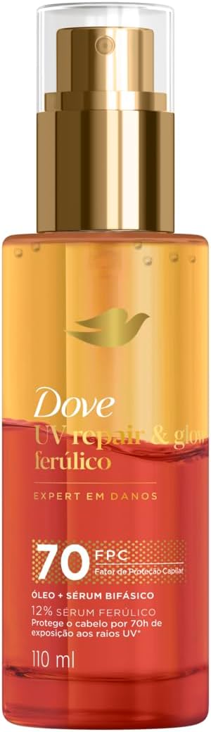 Dove Óleo e Sérum Bifásico UV Repair & Glow Frasco de Dove Óleo e Sérum Bifásico com líquido em duas fases e tampa protetora