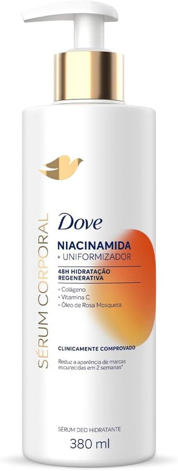 Dove Sérum Corporal Niacinamida + Uniformizador 380ml Frasco de Dove Sérum Hidratante Corporal Niacinamida e Uniformizador em fundo branco neutro iluminado