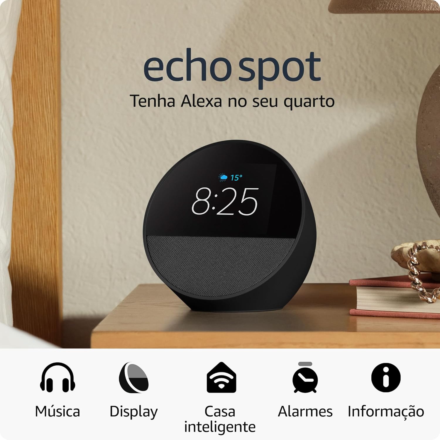 Echo Spot com Alexa (Geração mais recente): O despertar inteligente com som vibrante
