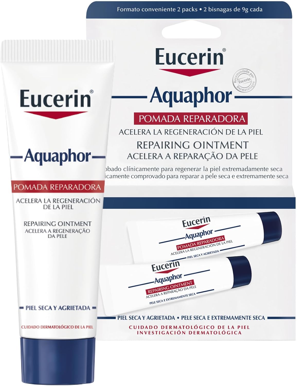 Eucerin Aquaphor Pomada Reparadora Duopack 10ml Duas embalagens pequenas de pomada reparadora Eucerin Aquaphor para lábios e áreas ressecadas