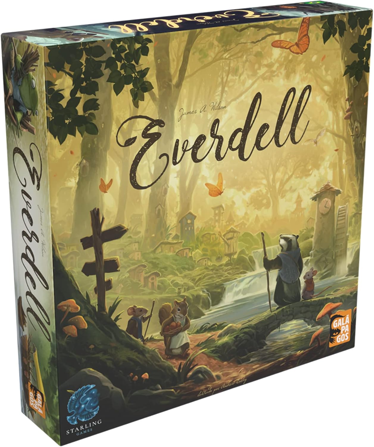 Everdell Jogo de Tabuleiro Galápagos Jogos Caixa do jogo de tabuleiro Everdell mostrando a Eterna Árvore e animais antropomórficos na floresta.