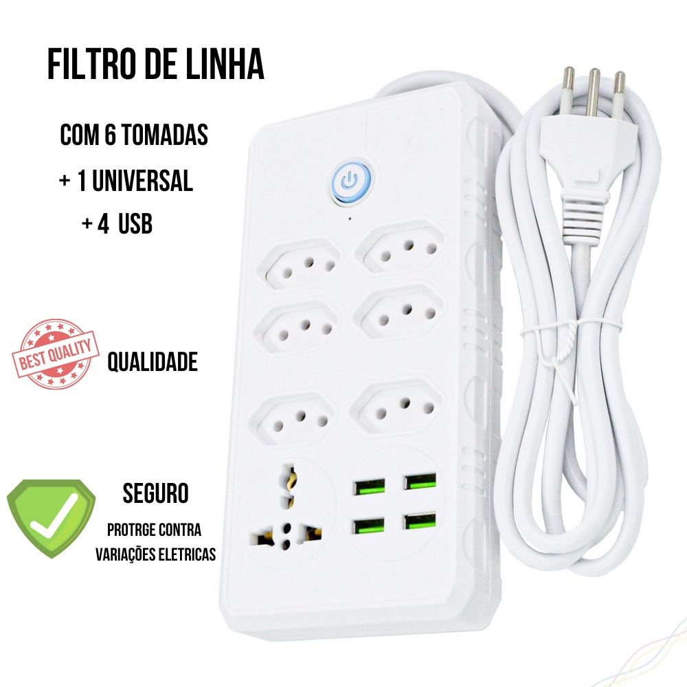Filtro de Linha Lehmox com 7 Tomadas, 4 Portas USB e Cabo de 2 Metros
