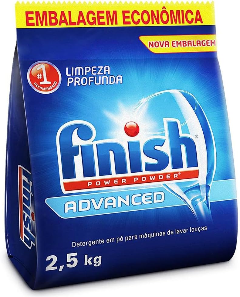Detergente para Lava-louças Finish Power Powder Advanced 2,5kg Embalagem azul do detergente em pó para lava-louças Finish Power Powder Advanced de dois quilos e meio