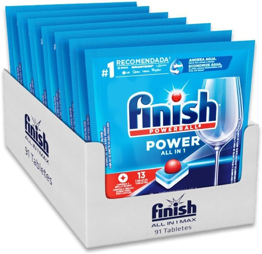 Embalagem Econômica Finish Powerball Detergente 91 Tabletes Pacote azul de detergente Finish Powerball em tabletes para máquina de lavar louças com 91 unidades