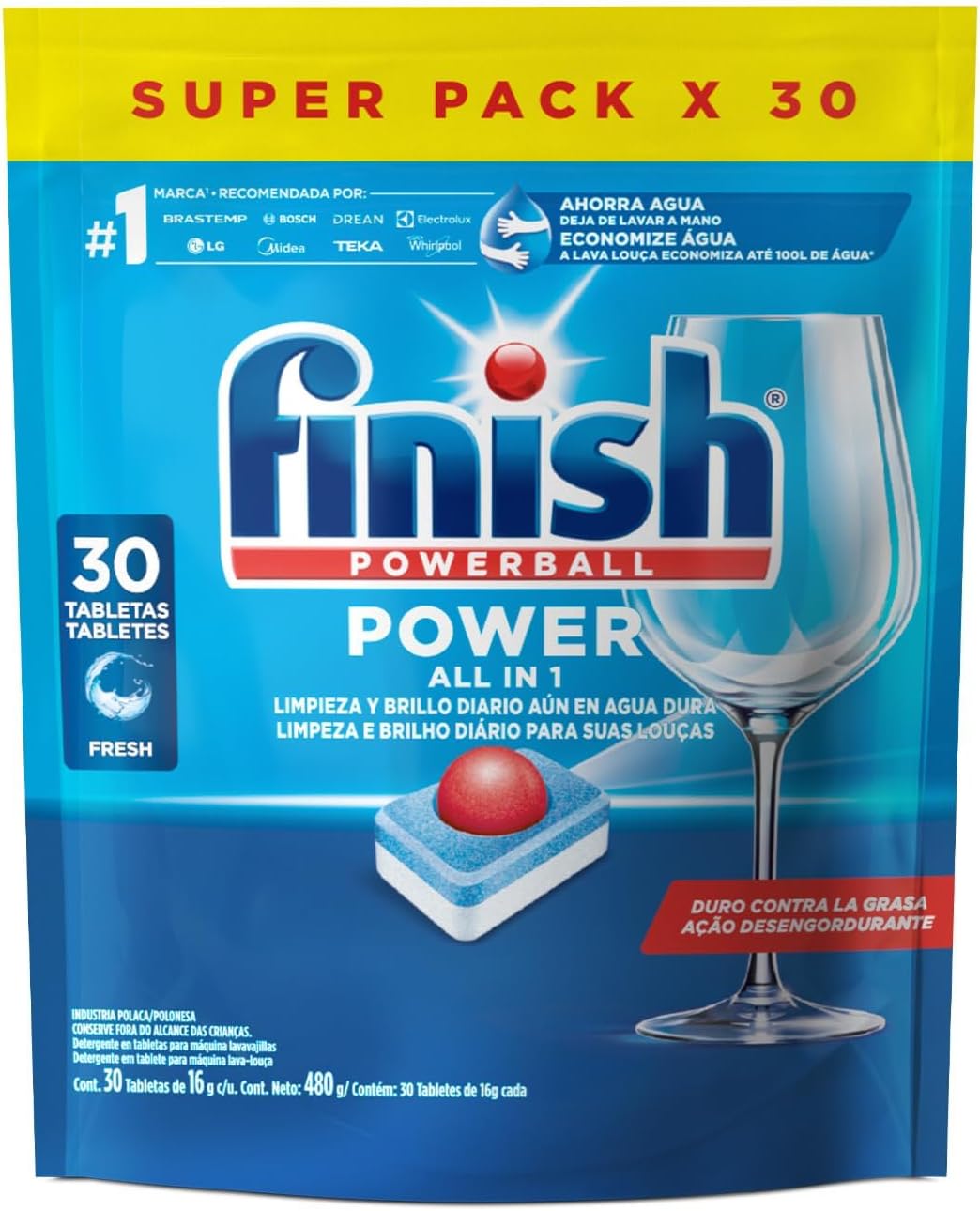 Detergente Finish Powerball para Lava Louças em Tabletes Pacote de detergente Finish Powerball 30 tabletes azul e vermelho sobre superfície clara na cozinha