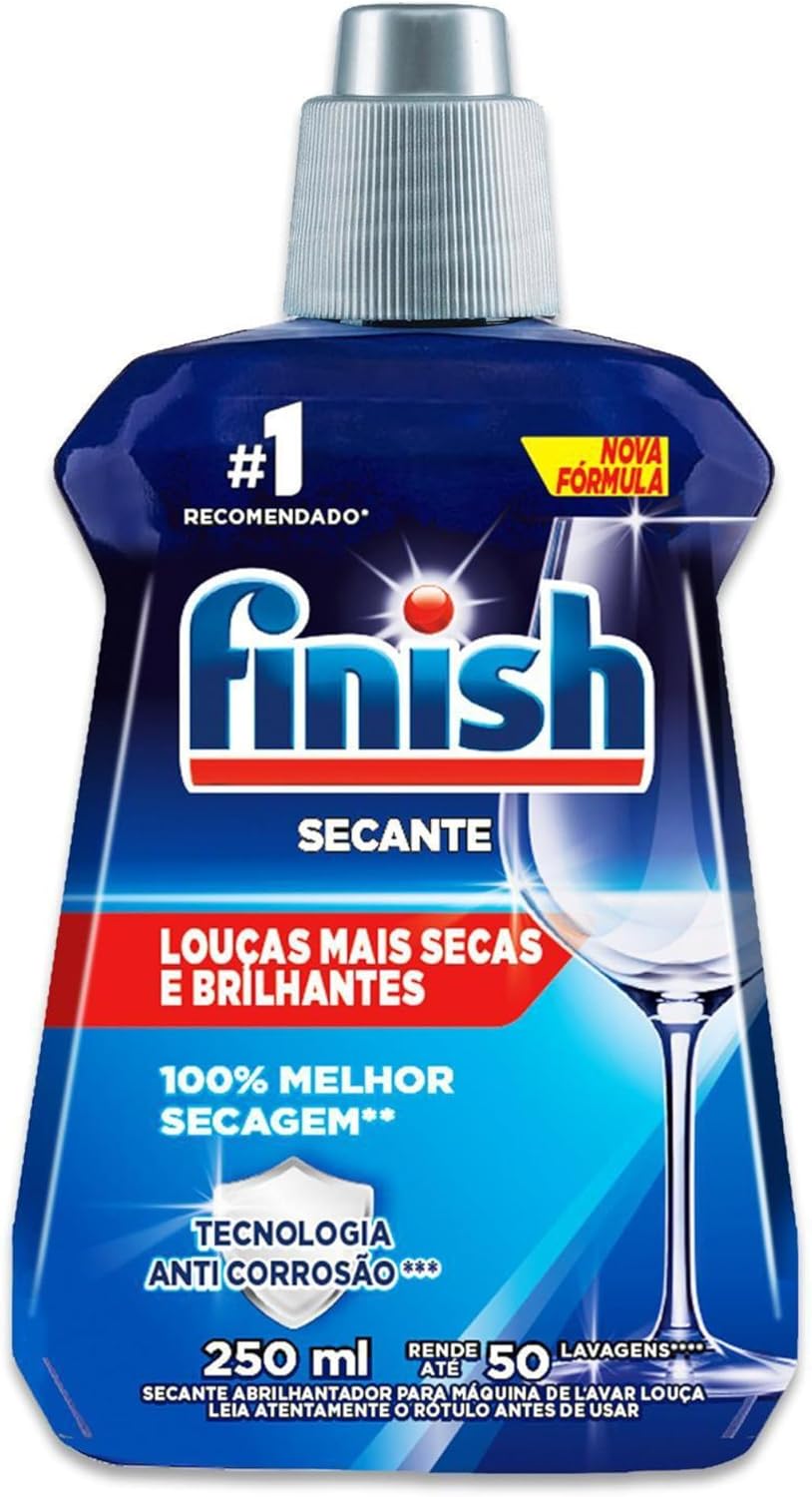 Secante e Abrilhantador Finish 250ml para Máquina de Lavar Louças Frasco de líquido secante e abrilhantador para lava-louças marca Finish em embalagem azul de 250ml