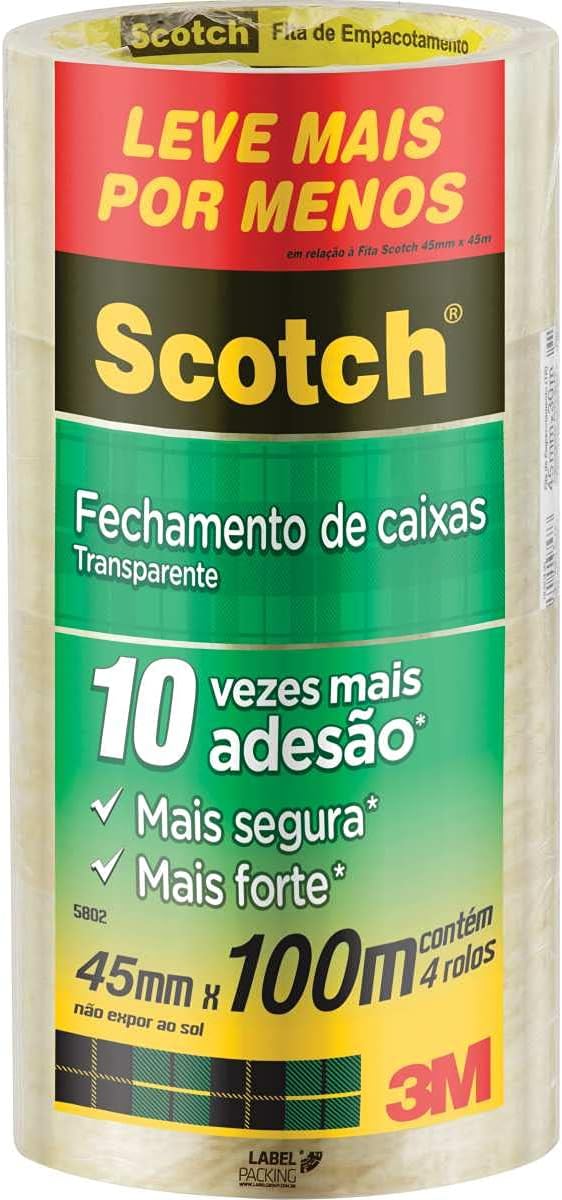Fita de Empacotamento Scotch 3M Transparente: Kit com 4 Rolos