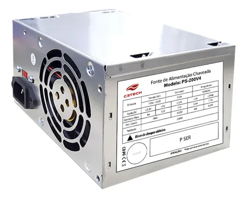 Fonte de Alimentação C3Tech PS-200V4 200W Prata Fonte de alimentação prateada para computador desktop C3Tech C3Plus com cabos coloridos aparentes