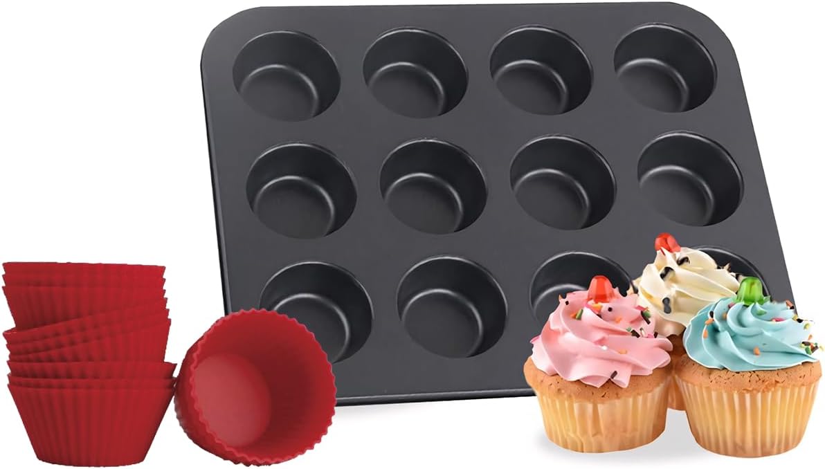 Kit Forma para Cupcake e Muffin com 12 Cavidades e Forminhas de Silicone