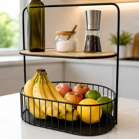 Fruteira de Mesa 2 Andares em Metal e Bambu: Organização e Estilo