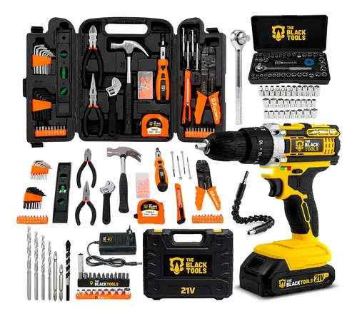 Furadeira Parafusadeira de Impacto 21V com Kit 169 Peças The Black Tools