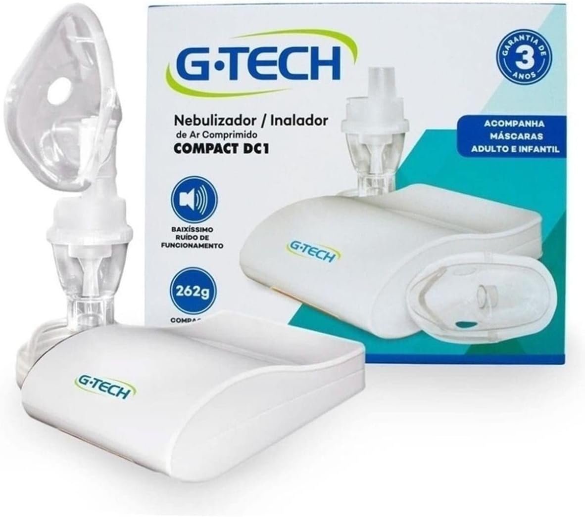 Nebulizador G-Tech Compact DC1 Nebulizador de ar comprimido portátil G-Tech Compact DC1 em cor branca com acessórios de inalação