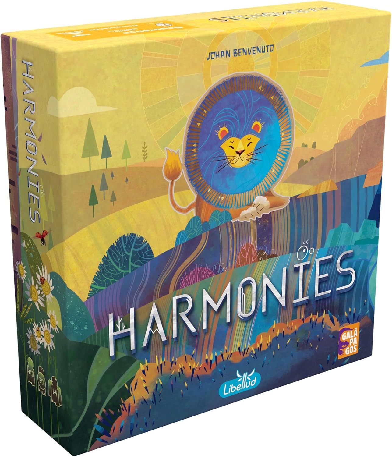 Jogo de Tabuleiro Galápagos Harmonies Caixa do jogo de tabuleiro Galápagos Harmonies com ilustrações coloridas de paisagens naturais e diversos animais silvestres