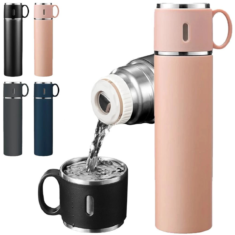 Garrafa Térmica de Aço Inox 500ml com Copos e Isolamento a Vácuo