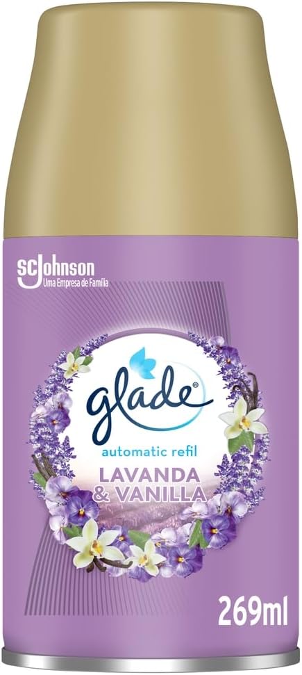 Refil Glade Aromatizador Automático Lavanda e Baunilha 260ml Frasco de refil do aromatizador Glade Automático sabor lavanda e baunilha com tampa pulverizadora amarela