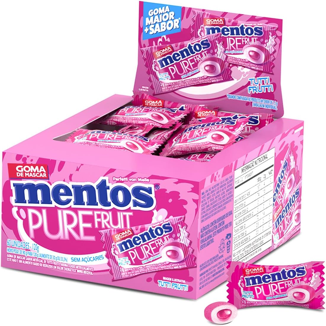 Goma de Mascar Mentos Pure Fruit Tutti-Frutti Sem Açúcar 60 Unidades