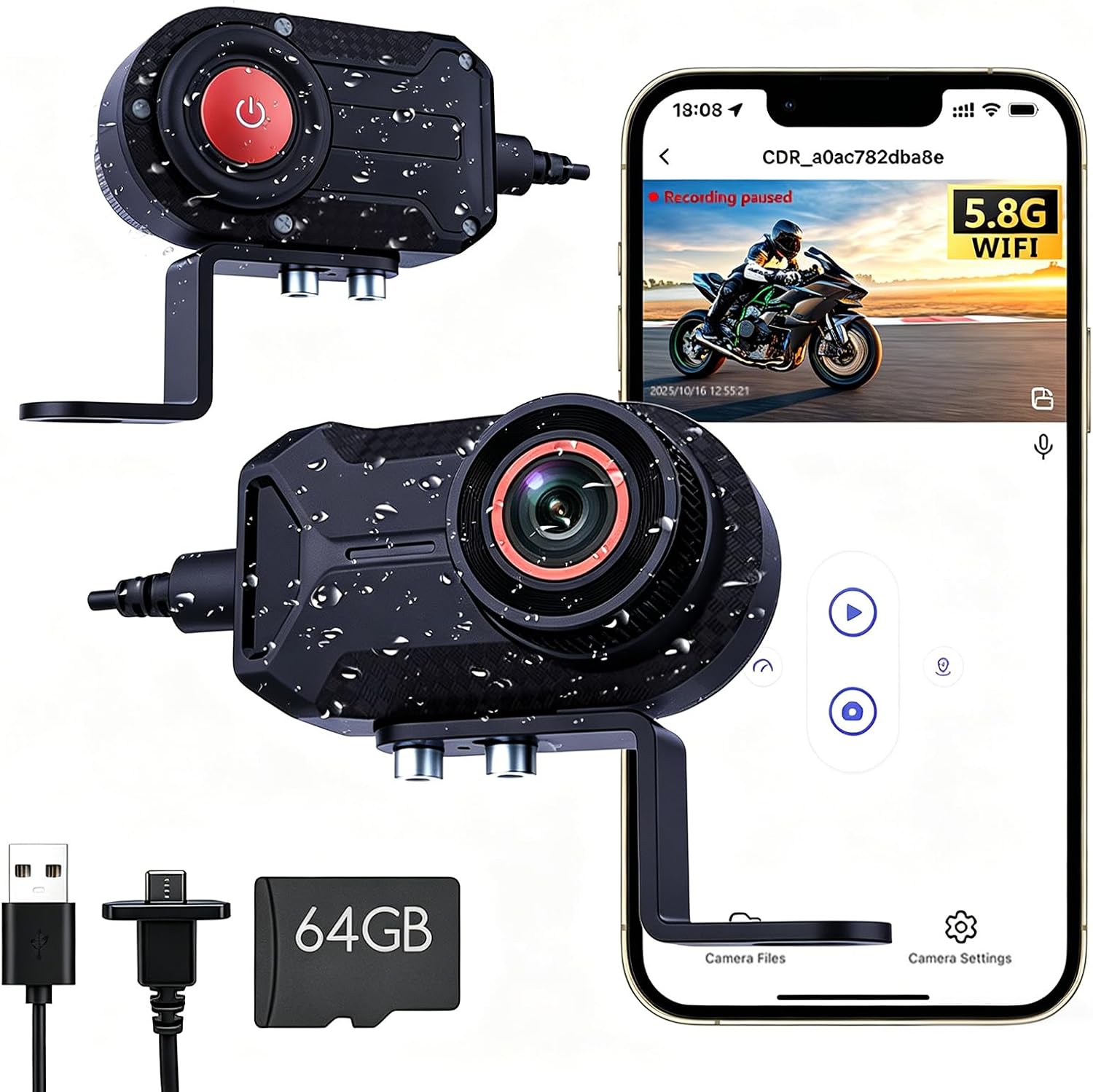 Gravador para Moto e Bicicleta 1080P com Wi-Fi e Cartão de 64GB