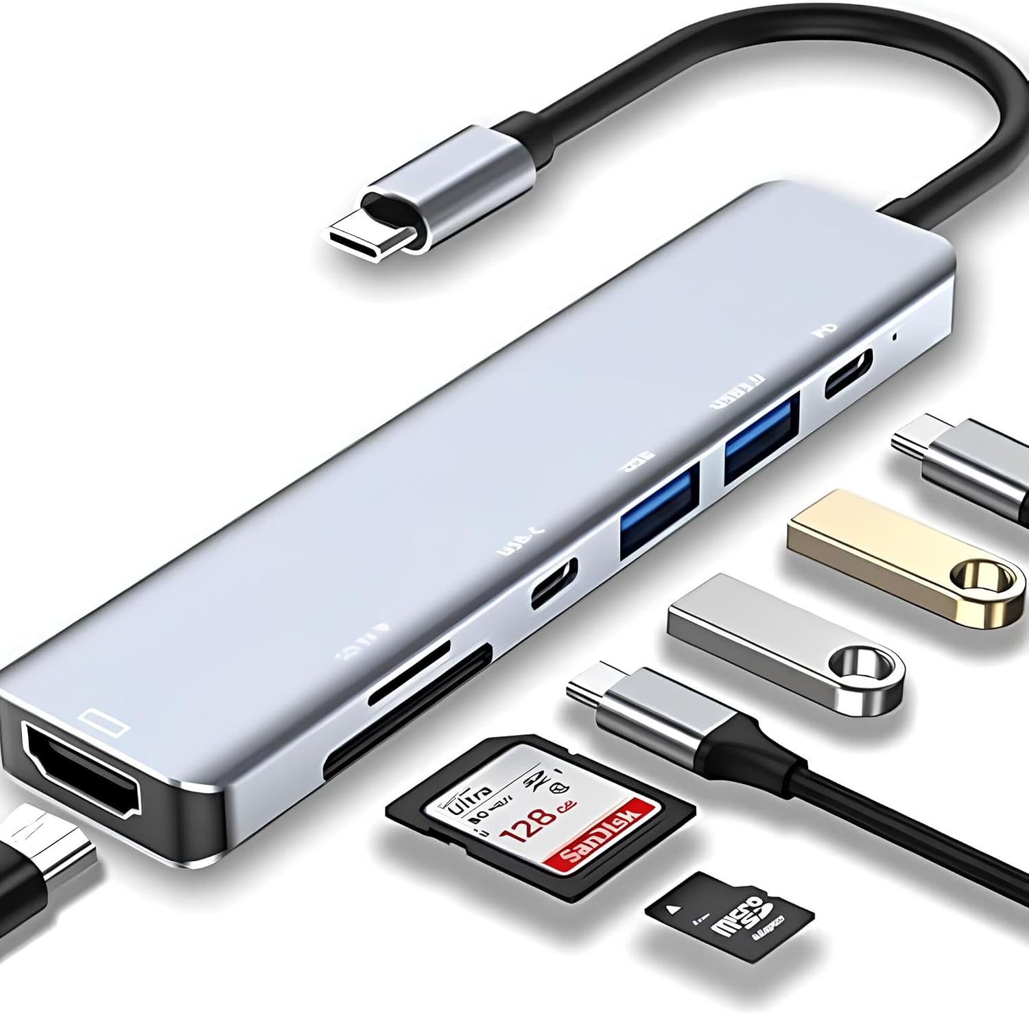 Hub Adaptador 7 em 1 USB-C com HDMI 4K e Leitor de Cartão