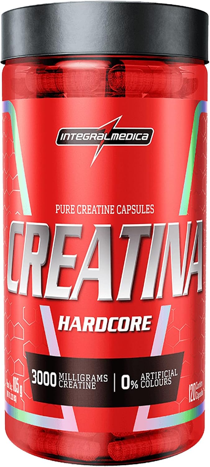 Suplemento Creatina Hardcore Integralmedica 120 Cápsulas Frasco de suplemento alimentar Creatina Hardcore Integralmedica com 120 cápsulas em fundo branco